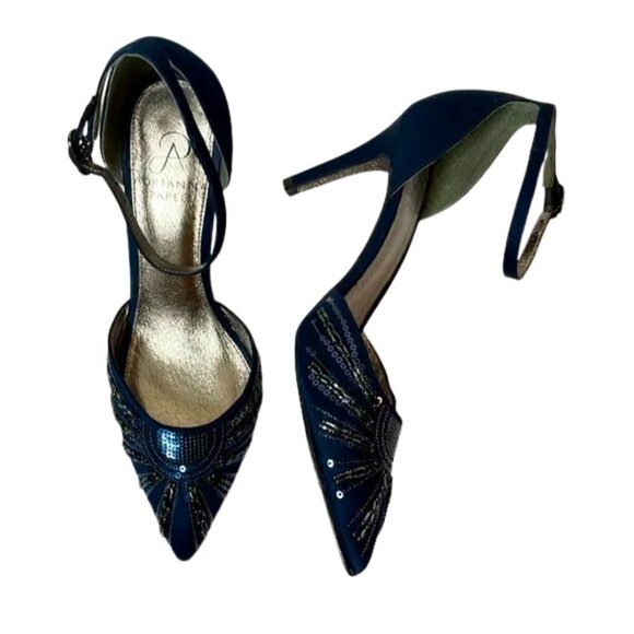 Adrianna Papell D'Orsay‎ pumps blue satin beaded sequins ankle strap 6.5 evening - Picture 1 of 10